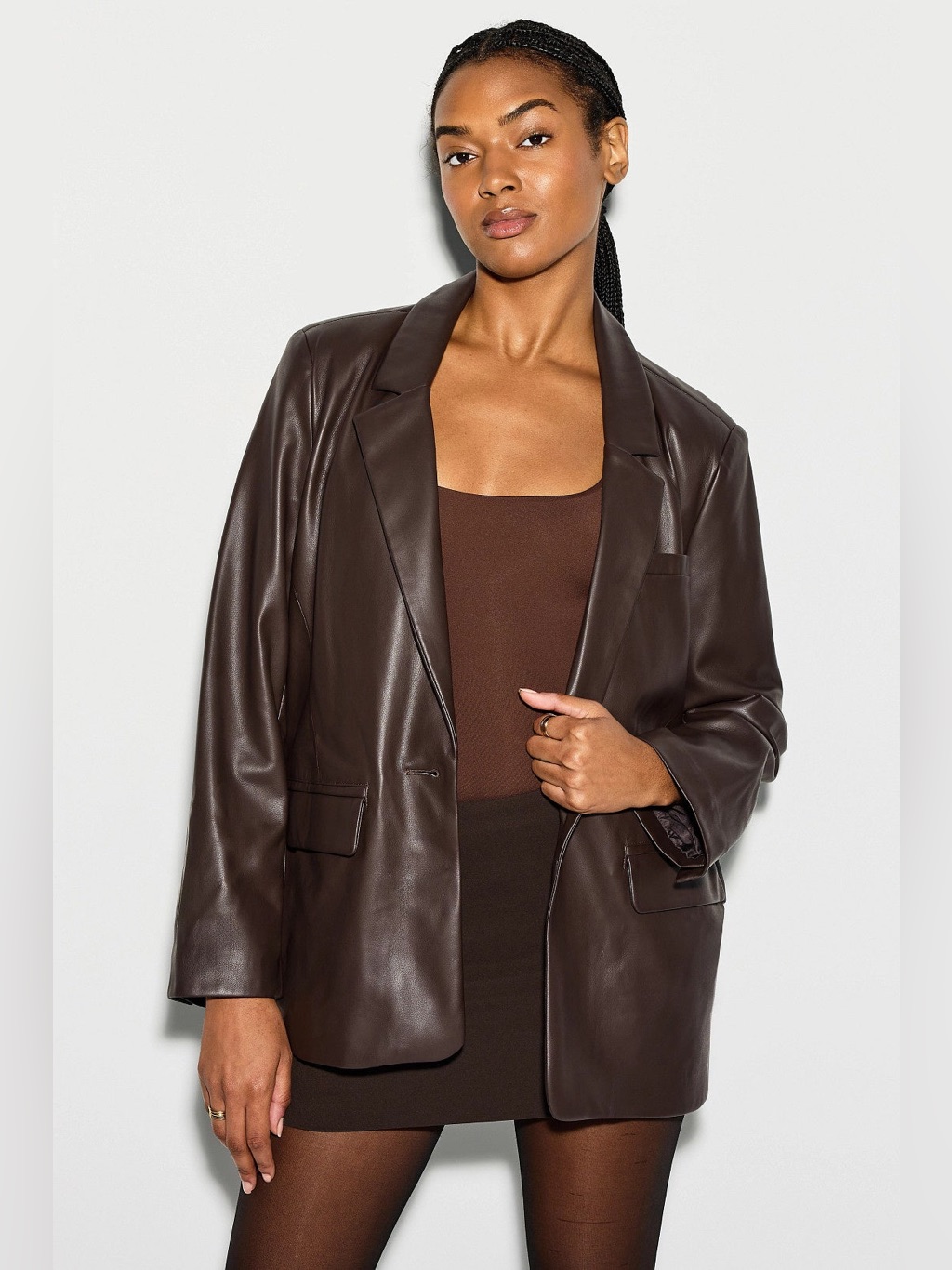 Dark Brown Faux Leather Blazer Jacket